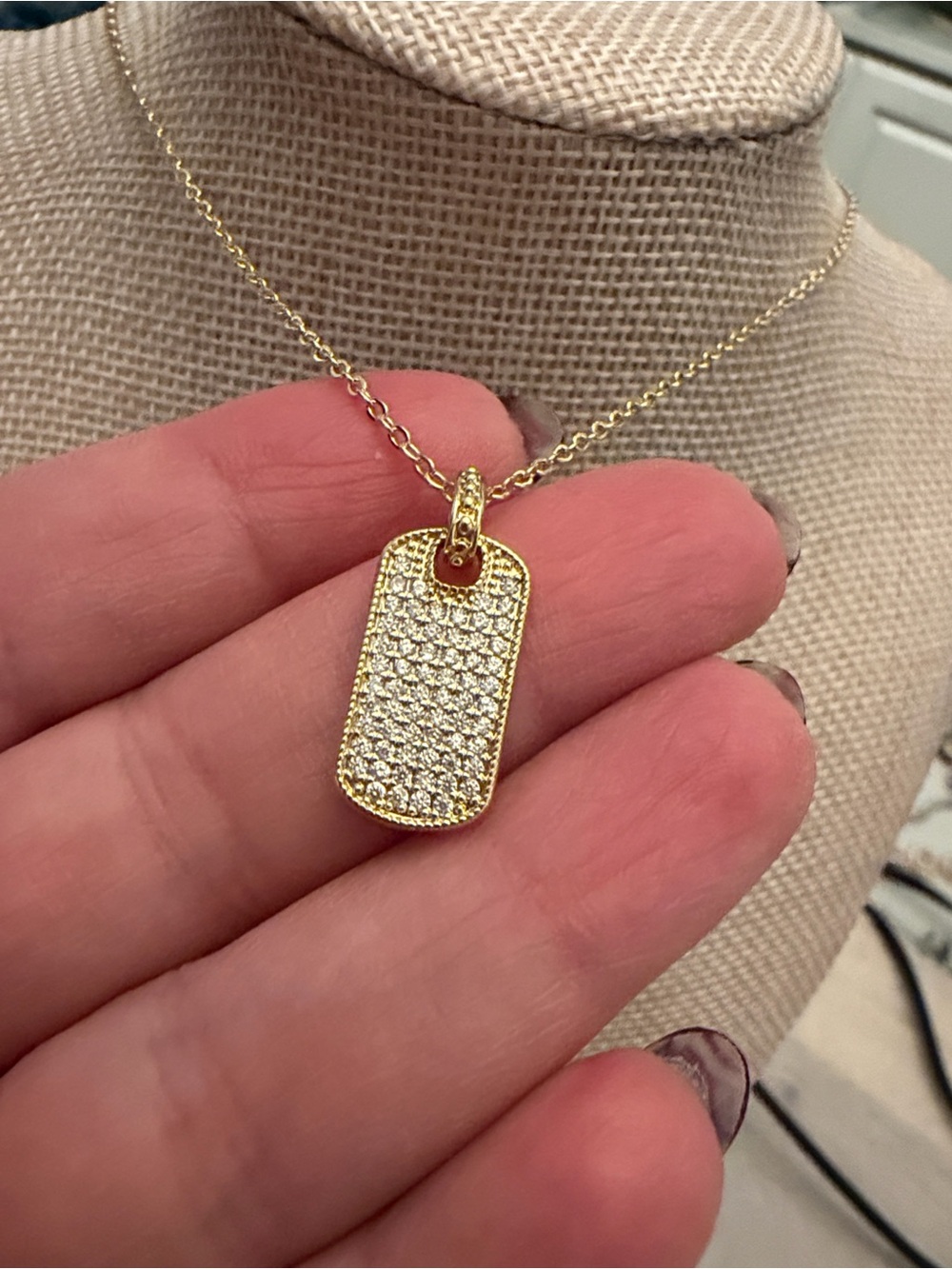 Pavé CZ Gold Dog Tag Pendant Necklace